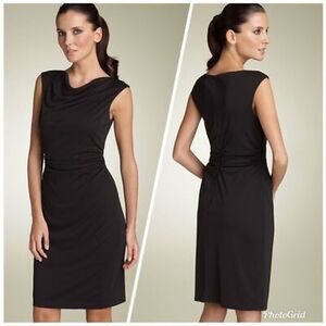 David Meister Vintage Knee Length Ruched Sheath Dress Womens 12 Black Cowl NWOT